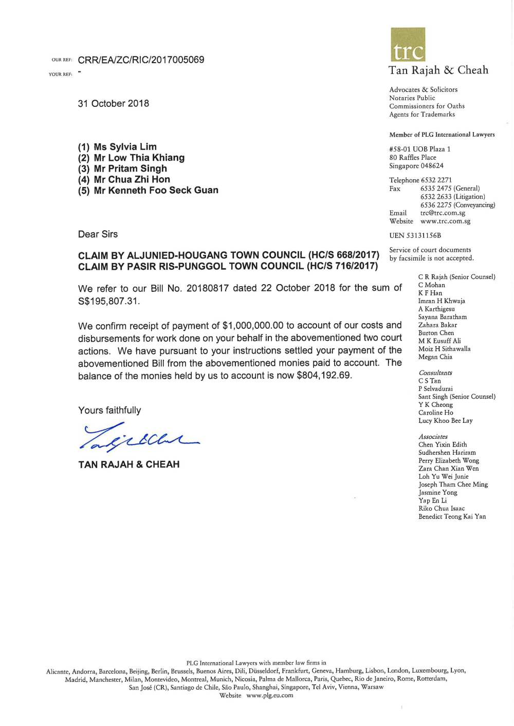 TRC Letter dated 31 October 2018